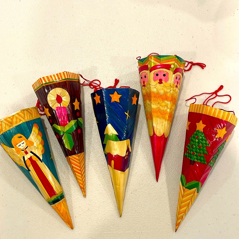 Vintage Bamboo Christmas Cone Ornaments